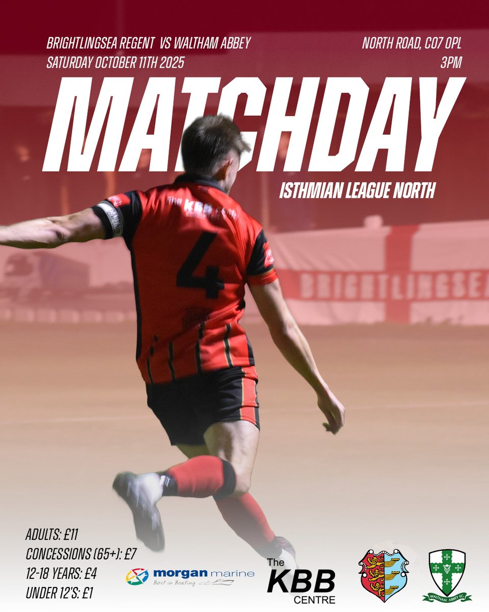 Brightlingsea Regent FC (@brightlingseafc) on Twitter photo MATCHDAY
Today we host <a href="/walthamabbeyfc/">Waltham Abbey Football Club</a> at North Road!
See you there R's fans!
🏆️Isthmian League North
🏟️ North Road, CO7 0PL
⚽️ Waltham Abbey
🕒️3PM KO
🎟️ Adults: £11, Concessions (65+): £7, 12-18 Years: £4, Under 12's: £1
#UpTheRs 🔴⚫️ MATCHDAY
Today we host <a href="/walthamabbeyfc/">Waltham Abbey Football Club</a> at North Road!
See you there R's fans!
🏆️Isthmian League North
🏟️ North Road, CO7 0PL
⚽️ Waltham Abbey
🕒️3PM KO
🎟️ Adults: £11, Concessions (65+): £7, 12-18 Years: £4, Under 12's: £1
#UpTheRs 🔴⚫️