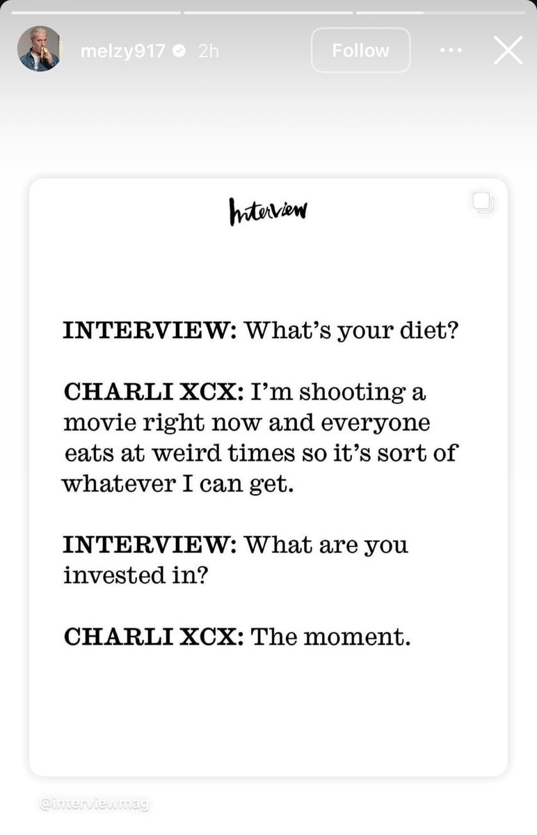 Mel Ottenberg, editor in chief of Interview Magazine and star of 'The moment' reposts Charli hinting at the title of the film in an interview from last year.