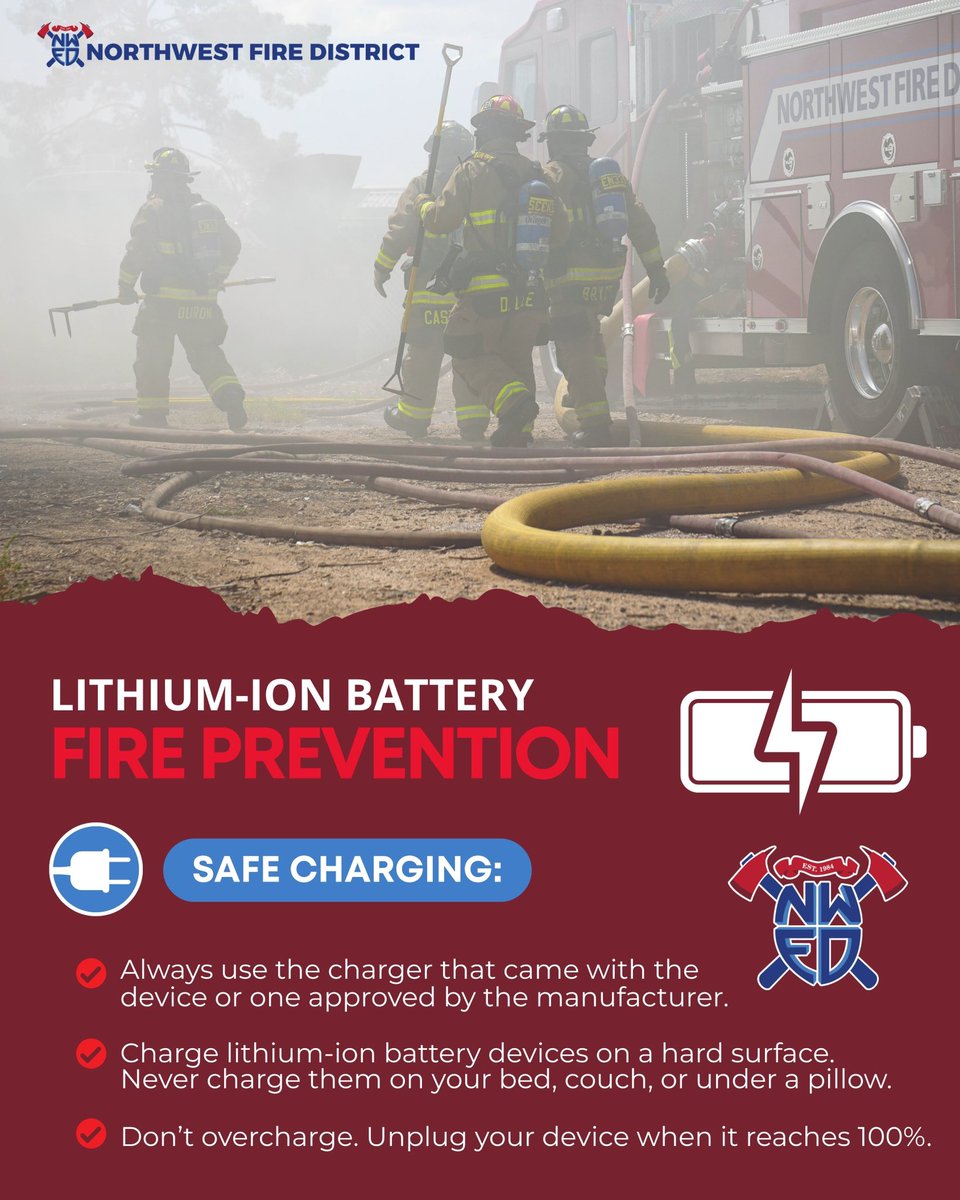#DidYouKnow that anything with a lithium-ion battery can become a fire hazard if it’s not charged safely? Lithium-ion batteries store a lot of energy in a small place. These batteries can overheat, start a fire, or explode if overcharged or damaged. When charging your devices,