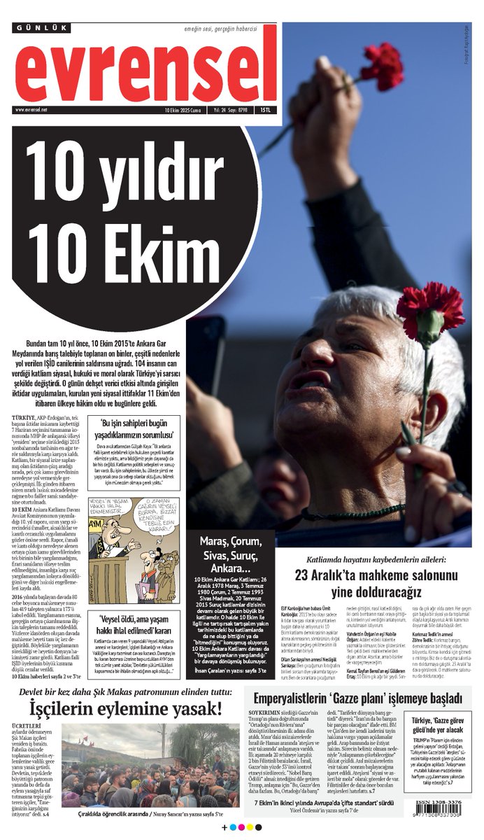 🗞️10 yıldır 10 Ekim

Bundan tam 10 yıl önce, 10 Ekim 2015’te Ankara Gar Meydanında barış talebiyle toplanan on binler, çeşitli nedenlerle yol verilen IŞİD canilerinin saldırısına uğradı.

104 insanın can verdiği katliam siyasal, hukuki ve moral olarak Türkiye’yi sarsıcı şekilde