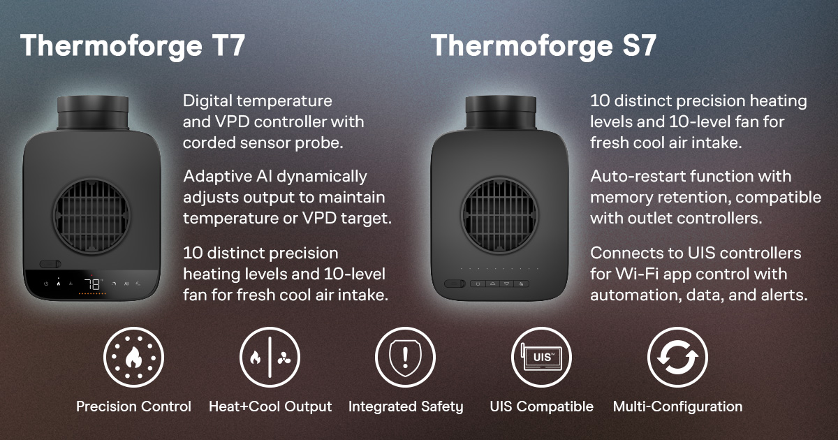 AcInfinityInc's tweet image. Introducing the New Thermoforge Series 🍃🔥

✅ The Thermoforge T7 is an AI-driven VPD heater designed for growers who want smart, standalone climate control. Its onboard AI monitors your environment, predicts temperature shifts, and automatically adjusts heat or cool air levels…