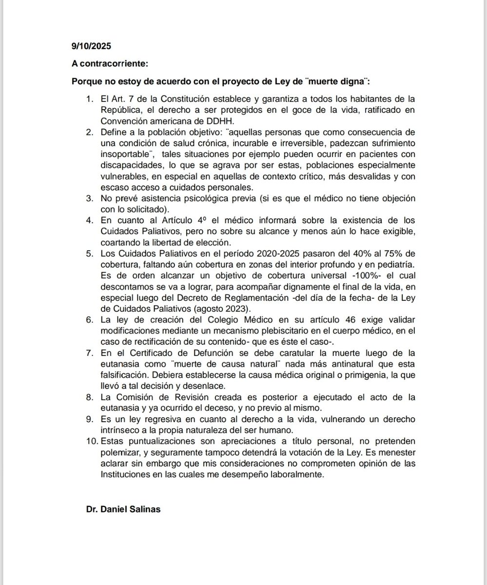 A Contracorriente.
Acerca del actual proyecto de Ley de Muerte digna o Eutanasia: