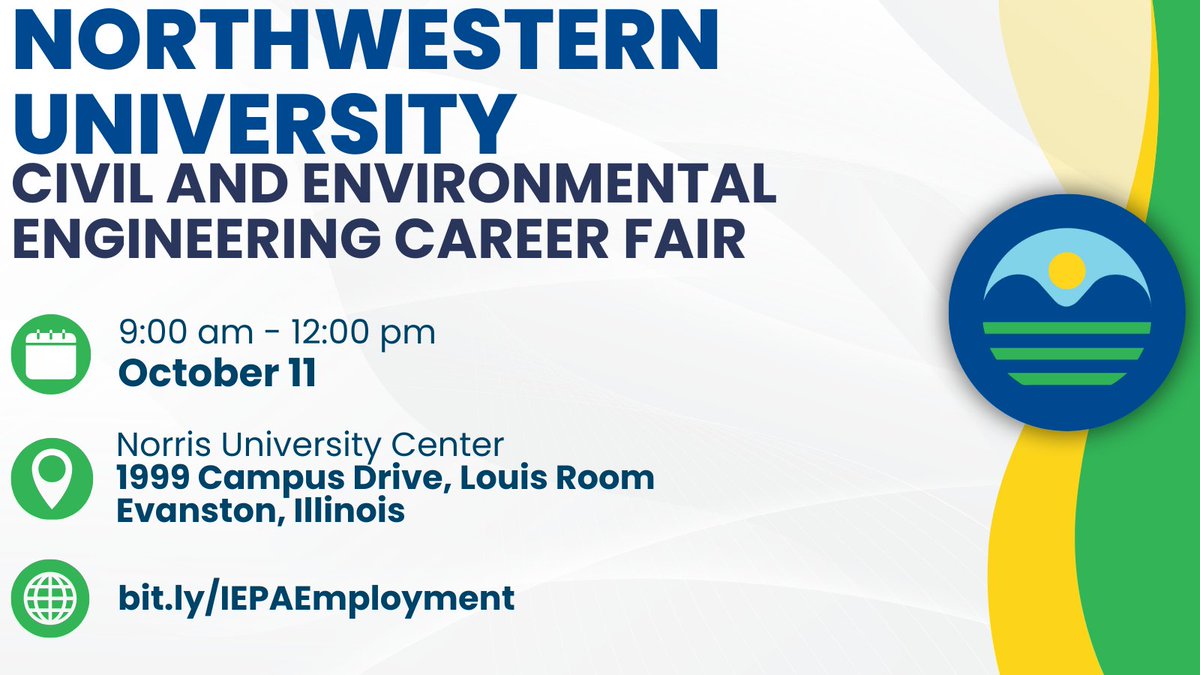 Illinois EPA (@ilepa) on Twitter photo Our fall career fair tour wraps up this weekend at Northwestern University! 💼 If you’re attending, come say hi and learn about exciting career opportunities with the Illinois EPA. 🌎
 
Check our Employment page to stay up to date on our newest openings! bit.ly/IEPAEmployment Our fall career fair tour wraps up this weekend at Northwestern University! 💼 If you’re attending, come say hi and learn about exciting career opportunities with the Illinois EPA. 🌎
 
Check our Employment page to stay up to date on our newest openings! bit.ly/IEPAEmployment