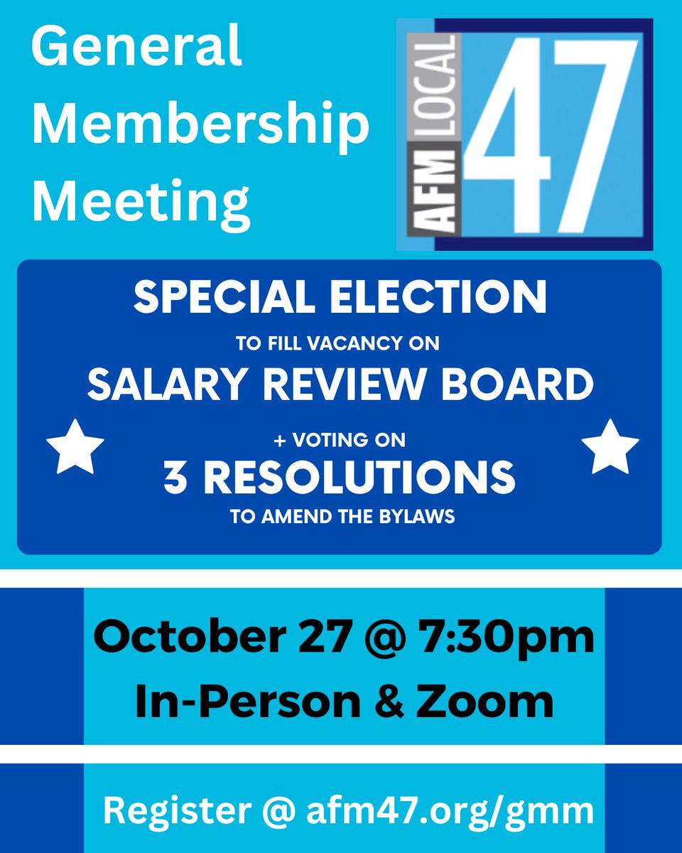 Our next General Membership Meeting will take place Monday, October 27 @ 7:30 p.m, in-person and over Zoom. For more information and to register, please visit afm47.org/gmm