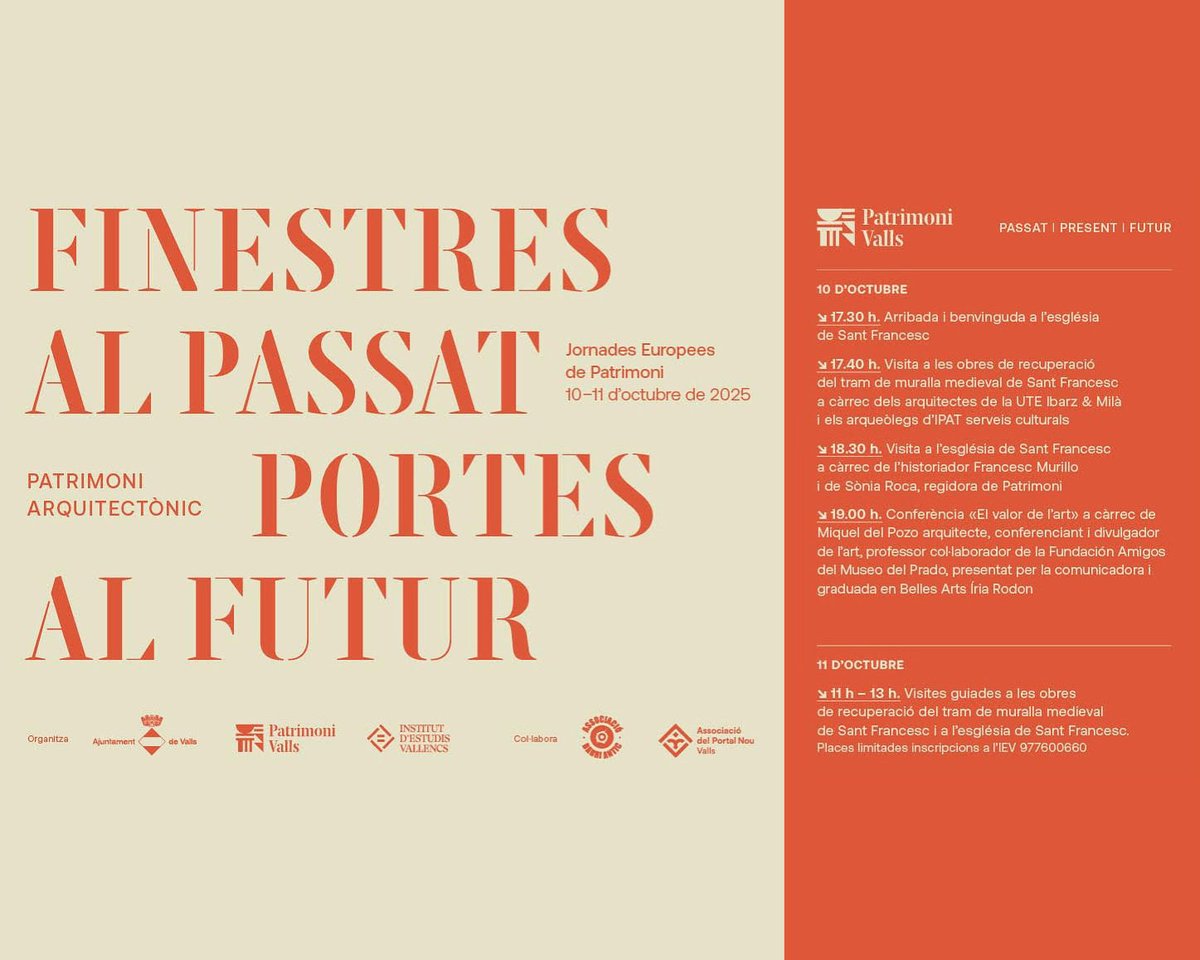 Demà l’<a href="/IEV_Valls/">IEV🎗Estudis Vallencs</a> coorganitza a Sant Francesc un acte que pinta molt, però que molt bé: una conferència de l’arquitecte, comunicador i divulgador de l’art <a href="/miqueldelpozo/">Miquel del Pozo Puig</a> sobre El valor de l’art. Hi serem. Presenta <a href="/irrodcas/">Íria Rodon Casale</a>.

#Valls #IEV