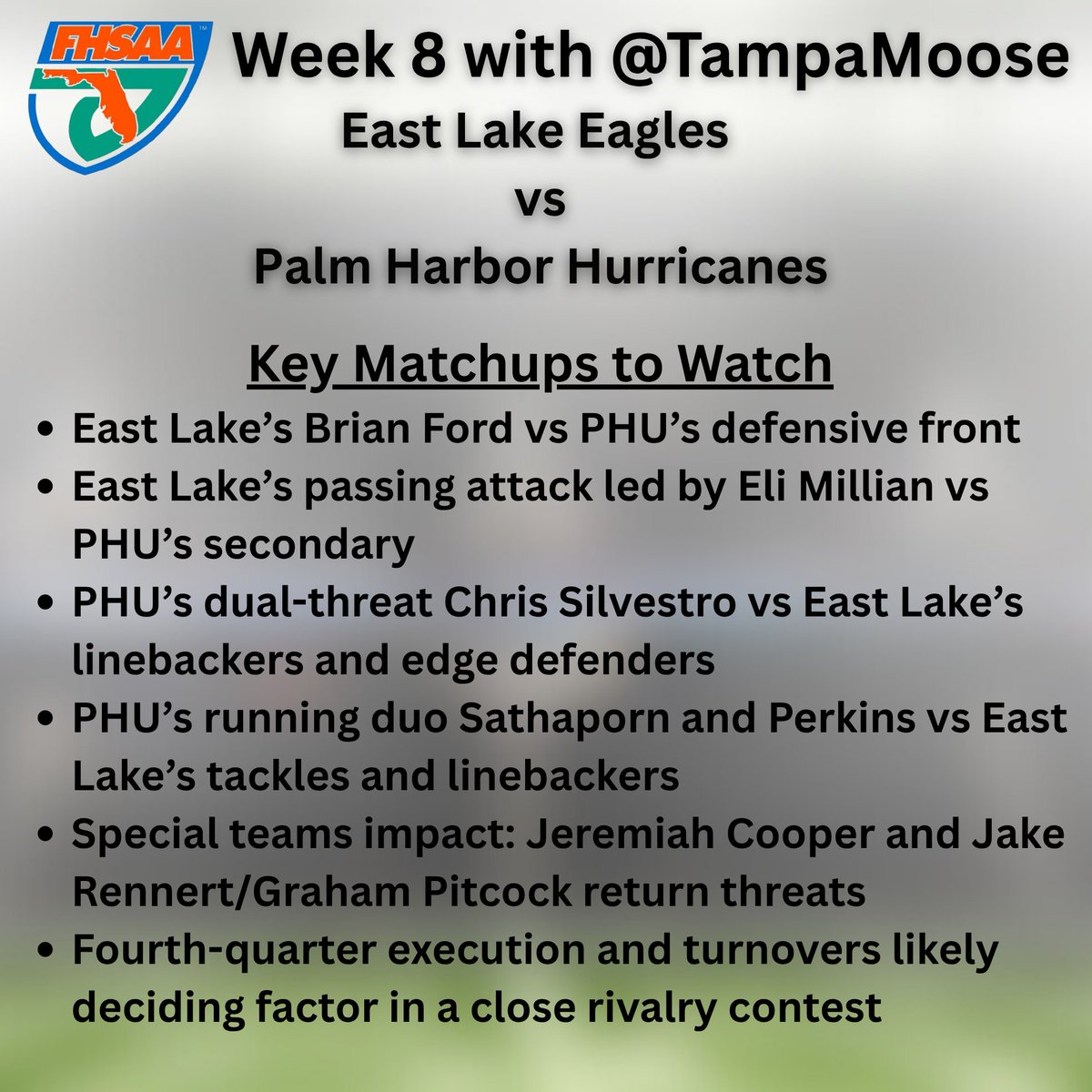 Tampa Moose (@tampamoose) on Twitter photo P-County rivalry night alert: the <a href="/eastlakefball/">East Lake Football</a> Eagles fly into <a href="/phufootball/">PHU FOOTBALL</a> Hurricane territory. I’ll be in the bleachers bringing all the live updates.
<a href="/PinellasHSMedia/">Pinellas Highschool Media Group</a> <a href="/SuncoastPreps/">Suncoast Preps</a> <a href="/Biggamebobby/">Bob Putnam</a> <a href="/tampafootballFL/">Tampa Bay Football</a> <a href="/FlaHSFootball/">FloridaHSFootball.com</a> <a href="/BigCountyPreps1/">BCP SPORTS</a> <a href="/CoachGreen_3/">Green Zone preps Recruiting inc.</a> P-County rivalry night alert: the <a href="/eastlakefball/">East Lake Football</a> Eagles fly into <a href="/phufootball/">PHU FOOTBALL</a> Hurricane territory. I’ll be in the bleachers bringing all the live updates.
<a href="/PinellasHSMedia/">Pinellas Highschool Media Group</a> <a href="/SuncoastPreps/">Suncoast Preps</a> <a href="/Biggamebobby/">Bob Putnam</a> <a href="/tampafootballFL/">Tampa Bay Football</a> <a href="/FlaHSFootball/">FloridaHSFootball.com</a> <a href="/BigCountyPreps1/">BCP SPORTS</a> <a href="/CoachGreen_3/">Green Zone preps Recruiting inc.</a>