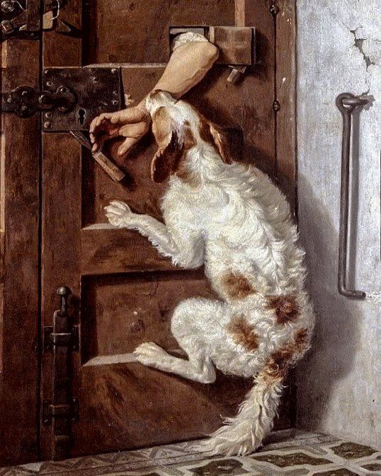 Giuseppe De Nigris (Italian painter, 1832-1903): "The Hand of the Thief ", 1864.   

🗨️ "Wrong house, mister!" 🐶 

#ArtistOnTwitter #arts #museum #dogs #talent