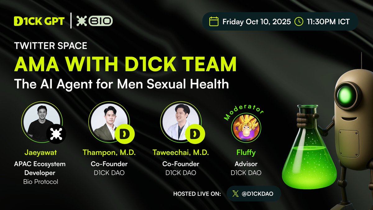 D1ckDAO's tweet image. Join us tomorrow at 16.30 PM UTC for a live Space with the co-founders of @D1ckGPT &amp;amp; @jaeyawat from @BioProtocol

Exploring how BioAgent is transforming men&apos;s sexual health and what’s next for D1ckGPT!!!

🔔 Set a reminder: x.com/i/spaces/1MYGN…