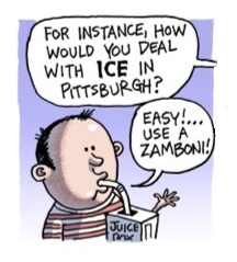 OffTheRecordPGH's tweet photo. ONE WEEK to showtime! Here is panel 5 from our @Rob_Rogers invitation, in which our former boy mayor is a little confused about ICE vs. ice. He *might* be one of many former/current/future mayors in this year's show (but that's off the record!). Get your tickets today! https://t.co/nK69xueC2i