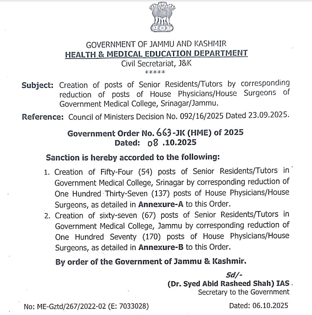 DrMohammadMomin's tweet image. Really Unfair!
Govt cuts 307 House Physician posts to create 121 SR posts — a net loss of 186 jobs.
This kills MBBS job opportunities.
Requesting @OmarAbdullah to restore 307 junior posts.
@KNO_NEWS @ANI