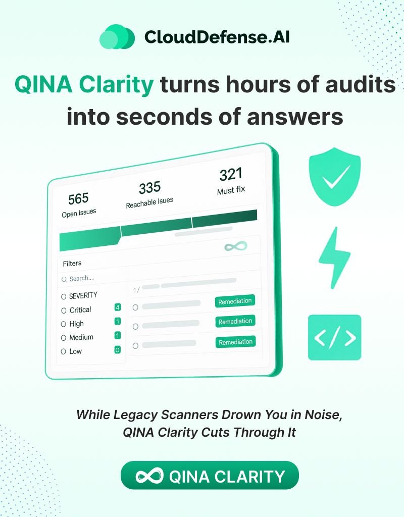 CloudDefenseAI's tweet image. Legacy scanners drown you in noise. 

QINA Clarity cuts through it — lightning-fast scans, AI-powered accuracy, and guided fixes that actually stick. Stop chasing false positives. 

Start acting smarter. Try QINA Clarity Now: go.clouddefense.ai/sign-in

#CloudDefenseAI #AppSec…