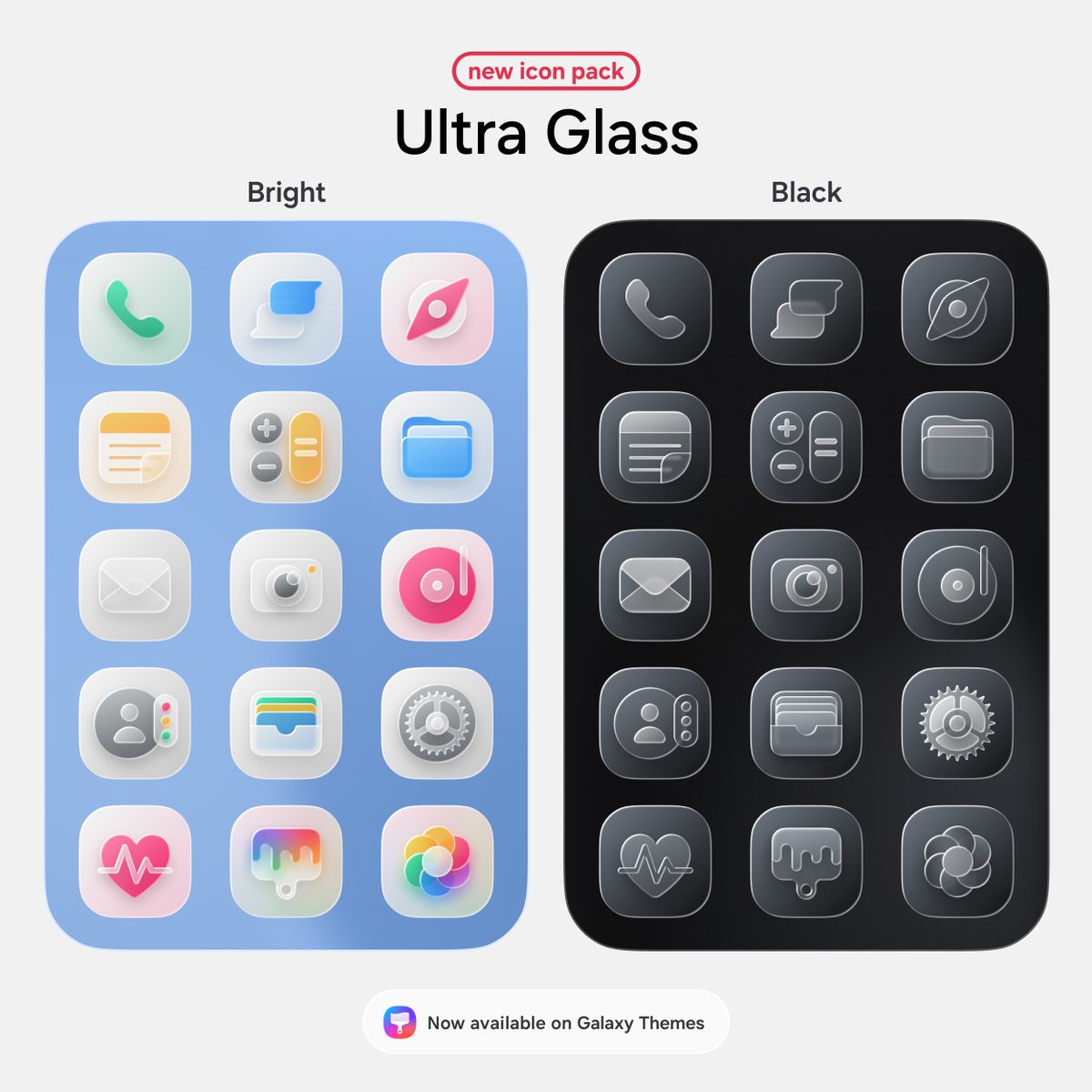 The bright and black icon packs of the Ultra Glass theme are now available for download on the Samsung Galaxy Themes app 🎨

Download your favorite version ➡️ apps.samsung.com/theme/SellerPr…

Don't forget to rate and comment on Galaxy Themes and follow me on social media ✨