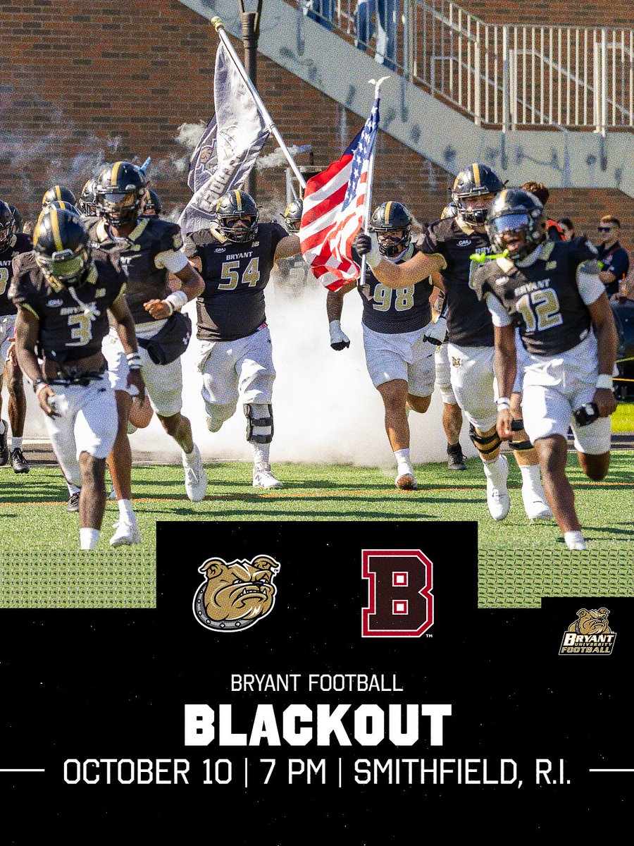 BryantUFootball's tweet image. It's a Blackout tomorrow at Beirne Stadium ⚫

Wear black and be loud as the Bulldogs face Brown under the lights at 7 PM.

The first 100 students will receive a free T-Shirt!
