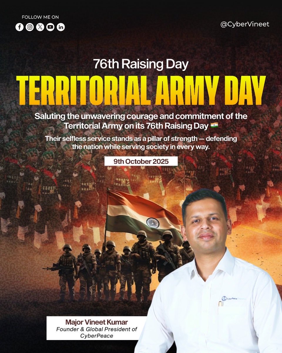 Vineet Kumar (@cybervineet) on Twitter photo Today, as the <a href="/adgpi/">ADG PI - INDIAN ARMY</a> #TerritorialArmy marks its 76th Raising Day, we salute the spirit of countless brave individuals who wear two hats — serving the nation in uniform while leading civilian lives with the same dedication.
Their courage, discipline and commitment inspire us to Today, as the <a href="/adgpi/">ADG PI - INDIAN ARMY</a> #TerritorialArmy marks its 76th Raising Day, we salute the spirit of countless brave individuals who wear two hats — serving the nation in uniform while leading civilian lives with the same dedication.
Their courage, discipline and commitment inspire us to