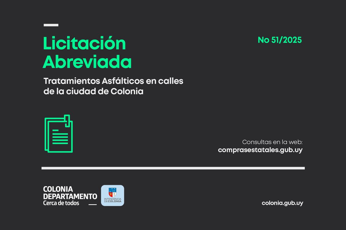 La Intendencia de Colonia realizará Tratamientos Asfálticos en calles de la Ciudad de Colonia, a través de la Licitación Abreviada Nº 51/2025. Ver más en colonia.gub.uy
#intendenciadecolonia