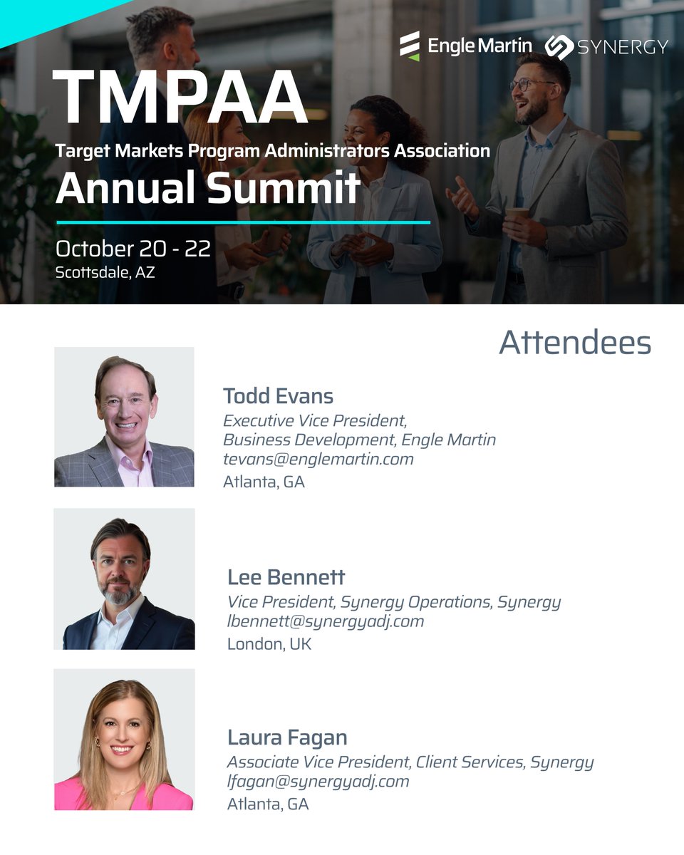 EngleMartin's tweet photo. Engle Martin and Synergy team members are looking forward to joining the TMPAA Target Markets Program Administrators Association Annual Summit in Scottsdale, AZ, October 20–22! 

#TMPAA #InsuranceSummit #ProgramBusiness https://t.co/nMVVoRMjE2