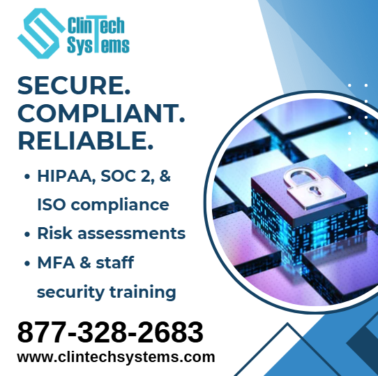 ClintechSystems's tweet image. ClinTech protects your organization with:

✔ HIPAA, SOC 2, &amp;amp; ISO compliance
✔ Risk assessments
✔ MFA &amp;amp; staff security training

📞 877-328-2683
✉ info@clintechsystems.com
🌐 clintechsystems.com

#Cybersecurity #HIPAA #ClinTechSystems