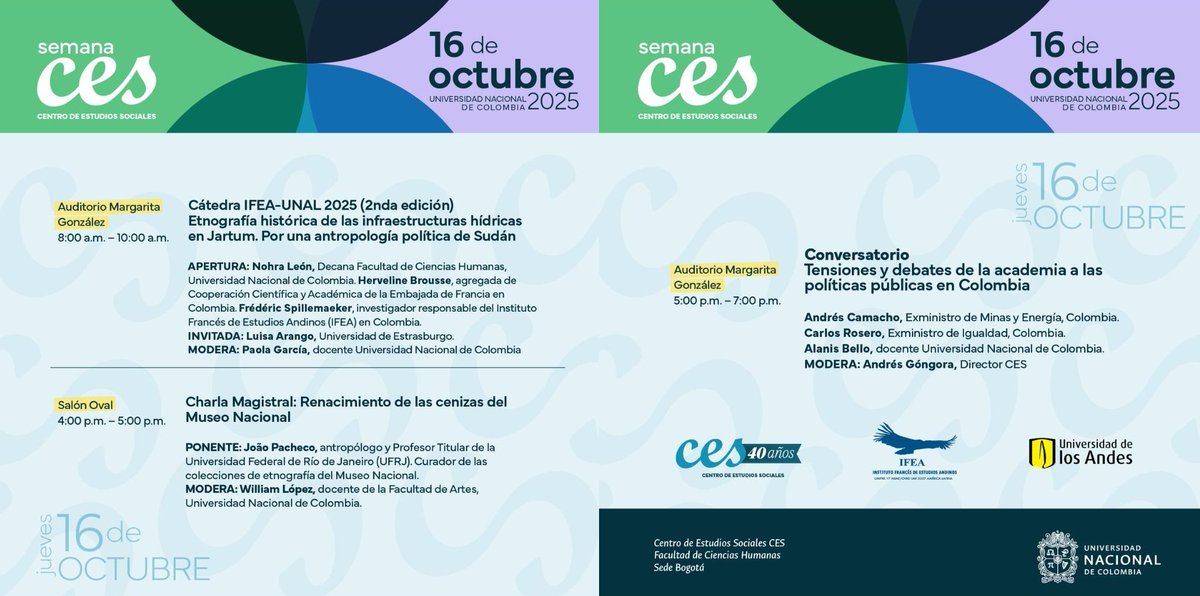 El Centro de Estudios Sociales (CES) y el Doctorado en Ciencias Humanas y Sociales les invita a participar en la Semana CES, que se realizará del 14 al 16 de octubre de 2025 en la Sede Bogotá.