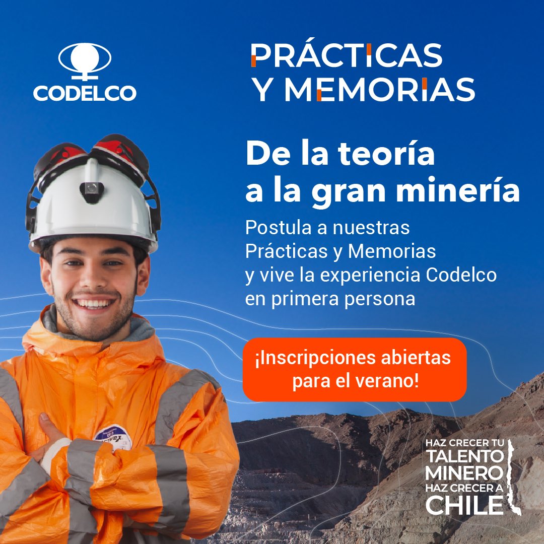 🔴 ¡Último día para postular! No te quedes fuera del programa Prácticas y Memorias verano 2026  👷👷‍♂️. 

💪✨ Si te apasiona la minería y el desarrollo sostenible, te invitamos a ser parte de una experiencia única de aprendizaje y crecimiento profesional en el principal productor