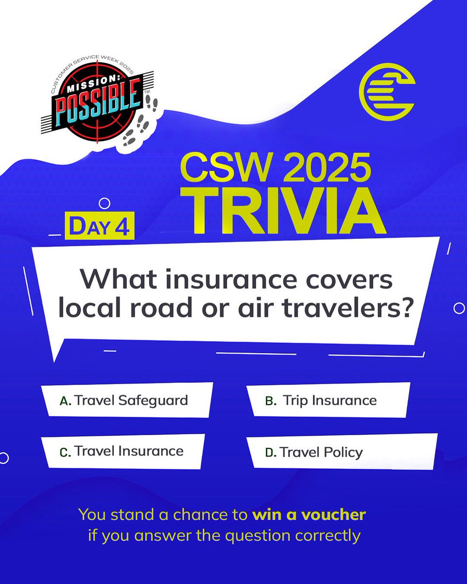 TRIVIA TIME! 

How well do you know our brand? 

Answer this question correctly for a chance to WIN a voucher! 

T&amp;Cs apply.

#CSW #CustomerServiceWeek #MissionPossible #TriviaTime #Giveaway #CornerstoneInsurancePLC #TheFutureAssured