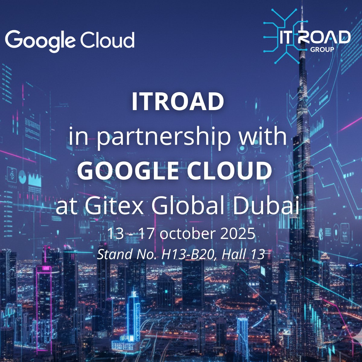 ITRoadGroup's tweet photo. Boost your innovation &amp; performance with @ITRoadGroup  !
🔥 We’re joining forces with @googlecloud  to push boundaries in #Cloud #BigData #AI #Collaboration.
Meet us at #GITEXGlobal Dubai 2025👉Hall 13, Stand H13-B20 
#CloudMigration #Innovation #Agility #DigitalTransformation https://t.co/IMOUuqLSYW