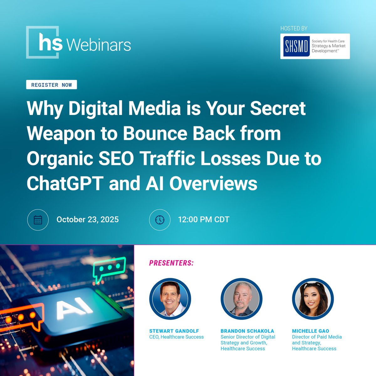 Can hospitals &amp; health systems bounce back from major organic search drops caused by AI Overviews? 
In this free webinar, you'll learn how to to leverage AI for outreach, get measurable results, and stay HIPAA compliant. Register now: hubs.ly/Q03MV1pj0 
#HealthcareMarketing
