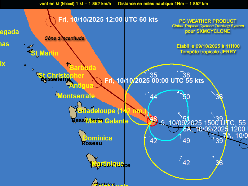 A 11h00, JERRY est situé à 495 km à l'Est/Sud Est des îles du nord. .Elle passera en soirée et nuit au plus prés de la Guadeloupe à compter de 17H00 à environ 180 km et dans la nuit et la matinée de vendredi pour les îles du nord à compter de 04H00 à une distance de 150 km