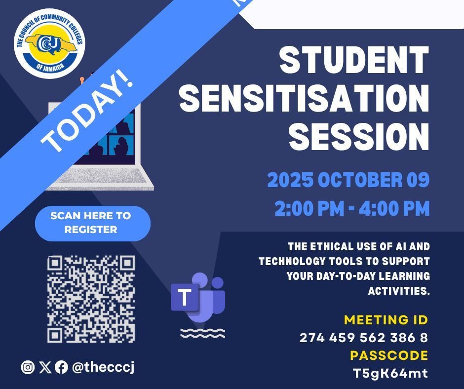 TheCCCJ's tweet image. 📚 Student Sensitisation Online Session! 📚
Join us today, October 9 (2 p.m. - 4 p.m.) for a session on how AI and tech tools can support your studies responsibly.
Register now via the QR code!
Let’s enhance our learning experience together!
#TechForLearning #CCCJ
