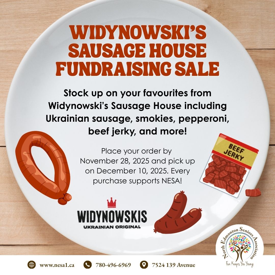 Grab your favourites from Widynowski’s Sausage House including sausage, smokies, pepperoni, jerky, and more! All proceeds help support NESA.

Place your order by November 28, 2025 and pickup on December 10, 2025. 
For more info visit ow.ly/KnvK50X8Kbj or call 780-496-6969.