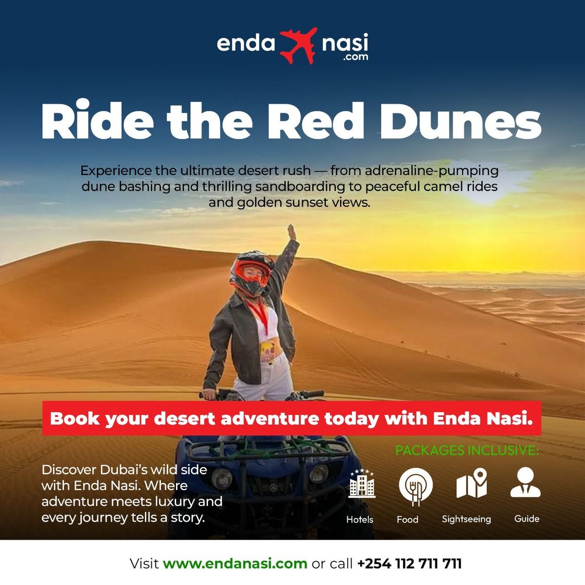 endanasi's tweet photo. Ready to conquer the dunes? Experience the ultimate desert rush with Enda Nasi, where  every ride tells a story.
#EndaNasi #RideTheRedDunes #DesertAdventure #DubaiExperience https://t.co/KFq0lnuPbQ