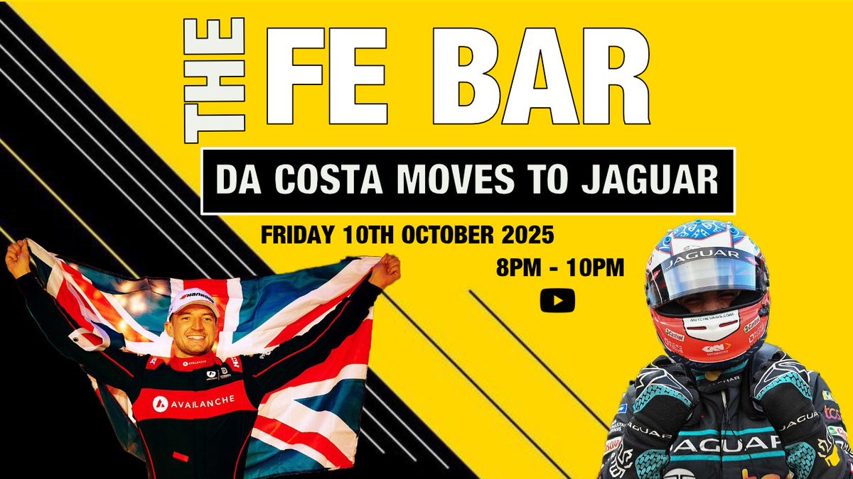 FormulaEZone's tweet image. 🚨 The FE Bar is back this Friday, Oct 10 at 8PM BST!

We’re breaking down Da Costa’s move to Jaguar 🐆 and all the latest Formula E transfer news.

Grab a drink and get involved in the only FE Fan phone-in show.⚡🍻

#FormulaE