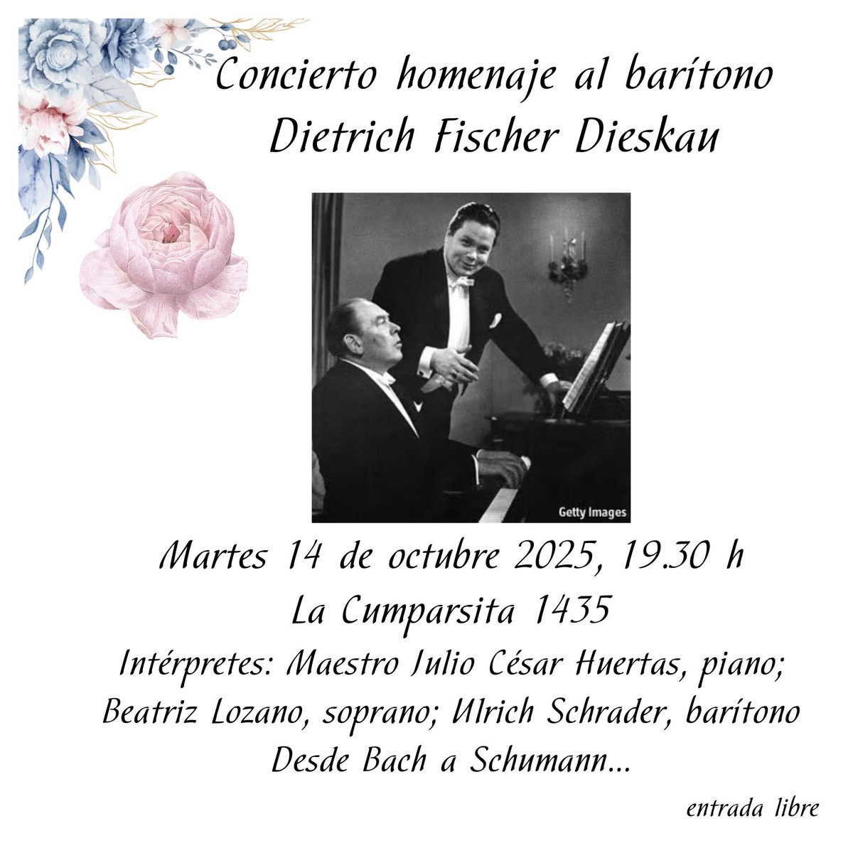 🎼🎹🎤Concierto homenaje al barítono Dietrich Fischer-Dieskau (1925 - 2012), uno de los cantantes y compositores musicales más importantes del siglo XX, conocido por sus interpretaciones de canciones, conciertos y ópera.
Los esperamos en la sala de eventos de la embajada