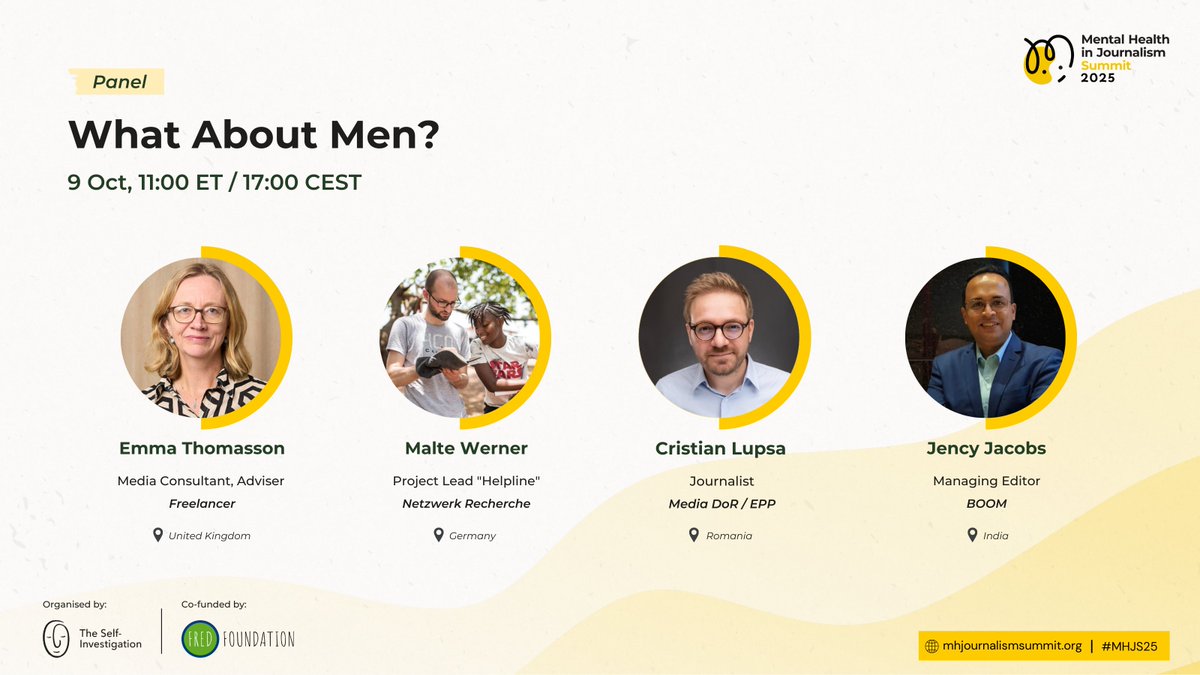 selfinvestigate's tweet image. Hey, men, shall we talk about the job struggles? #MHJS25
✅We need male role models speaking about their personal struggles
✅Create safe spaces for men to come out and speak about their burnout
All about the Mental Health in Journalism Summit 2026 theselfinvestigation.com/summit/
