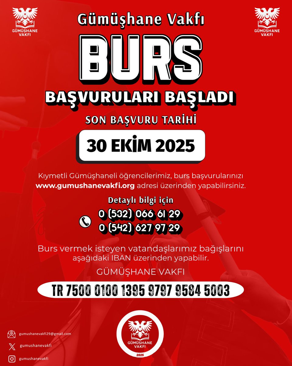 Gümüşhane Vakfı

BURS BAŞVURULARI BAŞLADI

SON BAŞVURU TARİHİ
30 EKİM 2025

Kıymetli Gümüşhaneli öğrencilerimiz, burs başvurularınızı
gumushanevakfi.org adresi üzerinden yapabilirsiniz.

Detaylı bilgi için
📞 0 (532) 066 61 29
📞 0 (542) 627 97 29