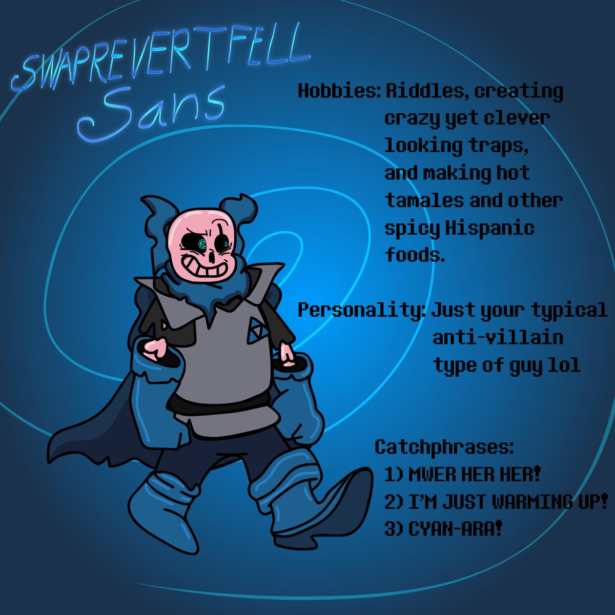 Today's art post is of Swaprevertfell Sans! #Undertale #UndertaleAUs #UndertaleAU #Swaprevertfell #Revertfell #Underfell #Underswap #Artmoots #Artmoot

Artwork by me!

...also a side note:
this is the NEW canonical design for Swaprevertfell Sans!