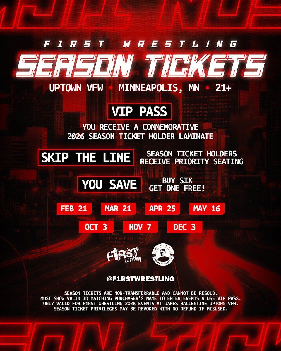 f1rstwrestling's tweet image. Join us for all of the fun at our upcoming events — including our remaining theme nights at the @UptownVFW! 🤩🔥

Plus! Grab your 2026 #UptownVFW Season Tickets! Available until January 1st.

🎟️ linktr.ee/f1rstwrestling