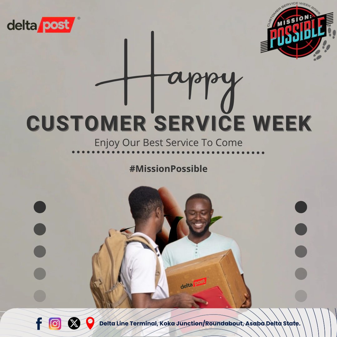 DeltaPost114275's tweet photo. Happy #CustomerServiceWeek!
To you our amazing customers, thank you for always trusting us with your parcels. Your loyalty is the backbone of our service. π€π½π€π½
https://t.co/VXxNq5bnHL
#HappyCustomerServiceWeek2025
#FollowYourParcel
#DeltaPostDelivers
#SafeAndTimelyDelivery https://t.co/Ix5Z60BAwW