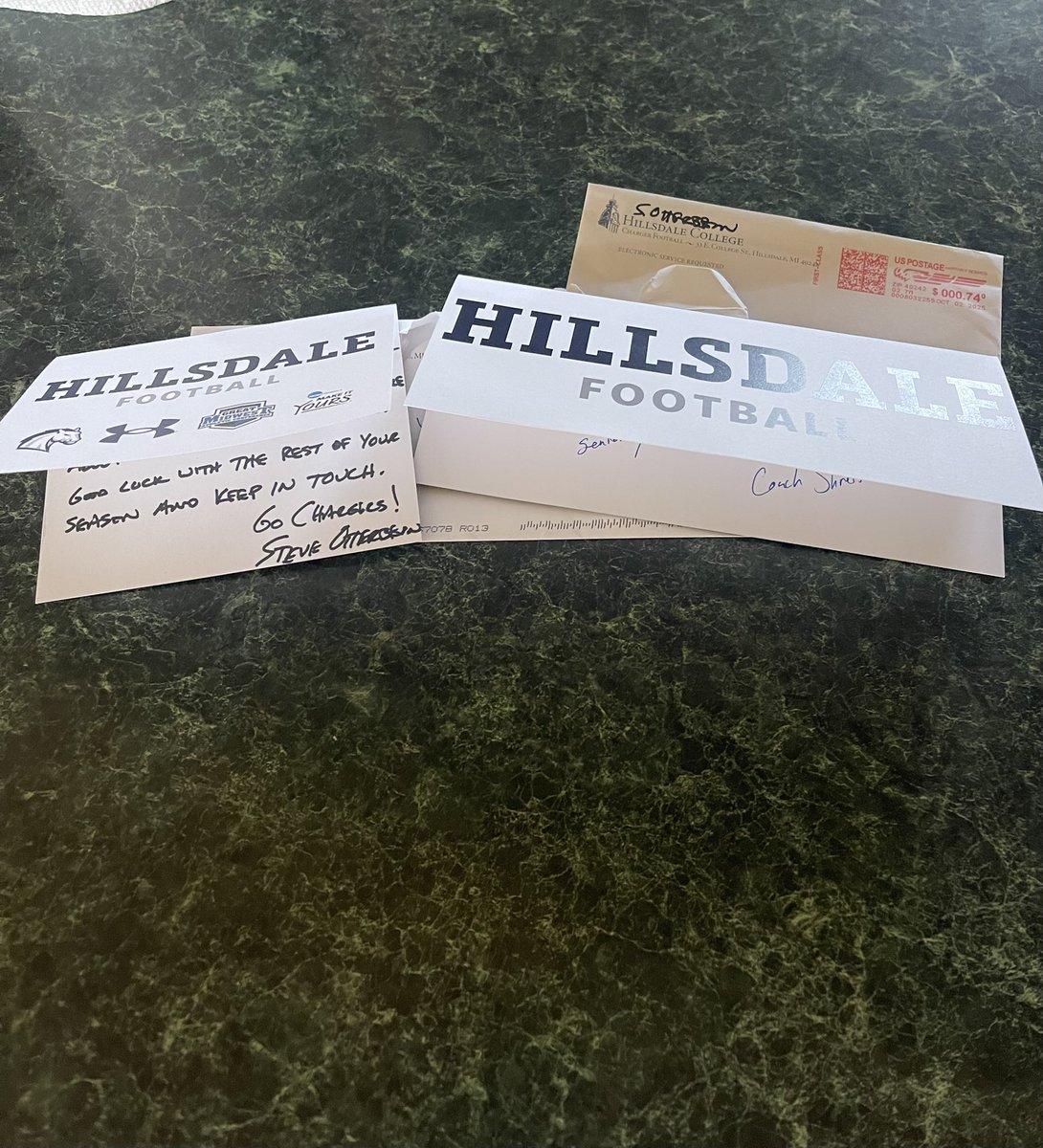Thank you coaches of <a href="/Hillsdale_FB/">Hillsdale Football</a> <a href="/CoachSOtterbein/">Steve Otterbein</a> and <a href="/CoachShreff/">Nate Shreffler</a> for the hand written letters.