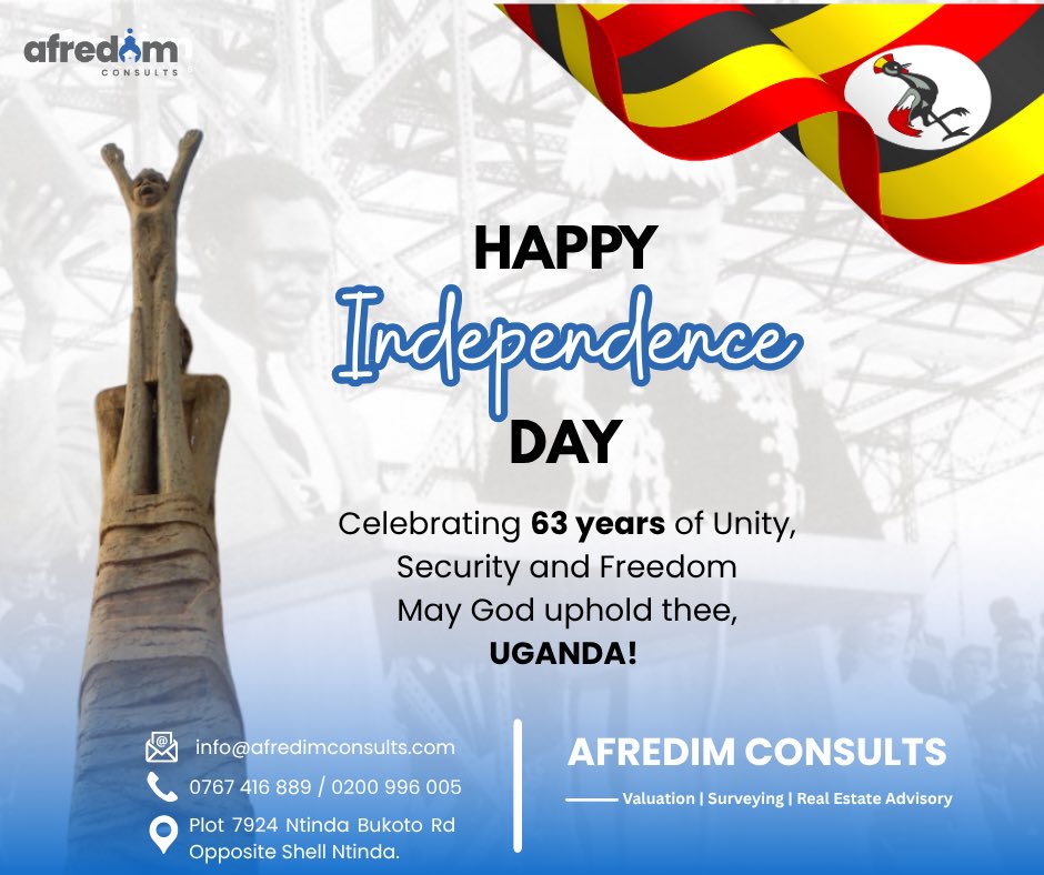 afredimconsults's tweet photo. RISE UP to the celebration!
Uganda's 63rd Independence Day marks a perfect opportunity to claim your piece of freedom.
Invest in a plot of land today and build a brighter tomorrow!
Happy Independence Day !#UgandaIndependence #LandInvestment #FreedomToBuild https://t.co/gKTZ7PGwp3