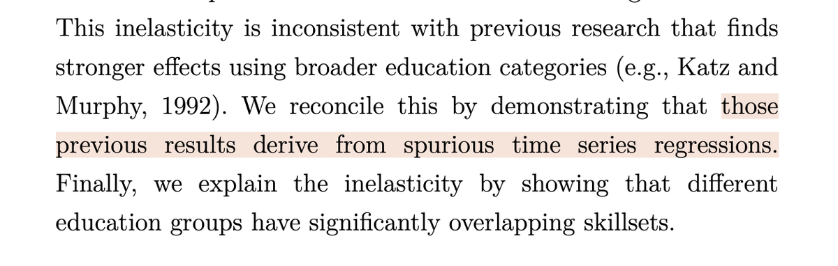 This kid has discovered that the "canonical model" of the American labor market––the model used by Goldin and Katz, for example––is based on a spurious regression.

And he has put his neck on the line by writing up his discovery. This is the key sentence from the abstract. 1/2