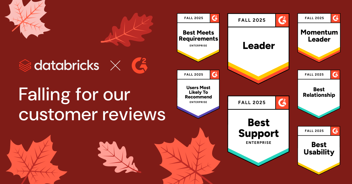 databricks's tweet image. 🍂 The @G2dotcom Fall 2025 Report is here — and Databricks earned top honors with nearly 500 five-star customer reviews!

We were recognized for enterprise readiness, support, usability, and trusted relationships across AI, data science, MLOps, AI governance, and more.

Huge…