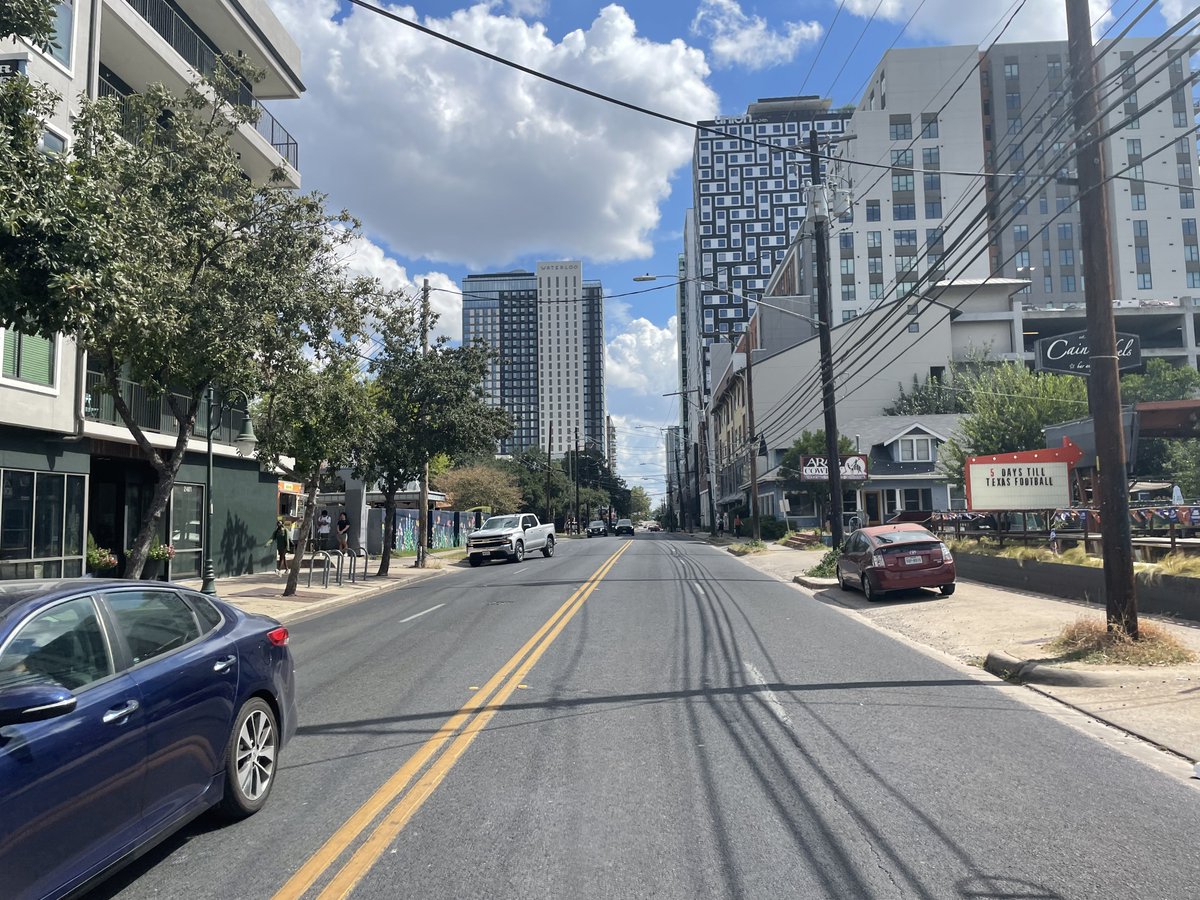 there is a complete lack of *any* east west protected bike lanes from West Campus to UT

Converting an overbuilt 24th Street to 1 lane each way with a center turn lane as originally envisioned AND protected bike lanes on each side would be so much safer &amp; efficient for students
