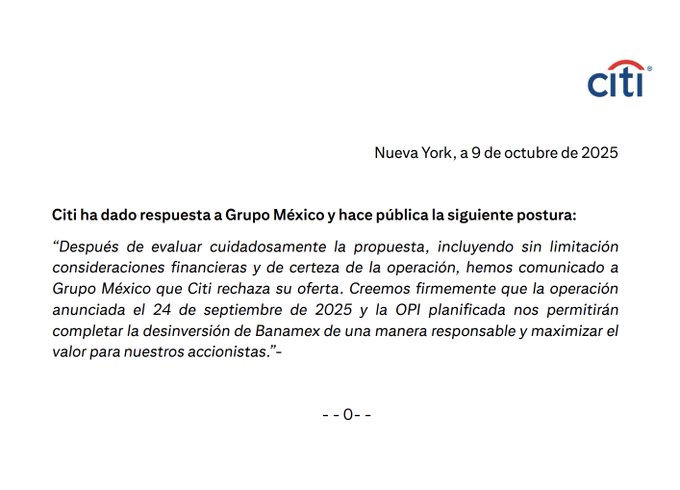 Image displays formal announcement text from Citi in New York dated October 9 2025 rejecting Grupo Mexicos offer for Banamex even without limits from September 2025 stating that the planned IPO would not allow responsible maximization of value for shareholders with repeated statement and dashes separating sections.