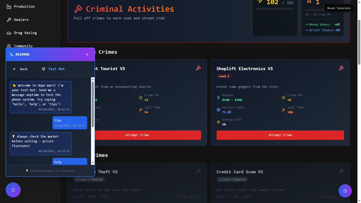 DangerMobProduc's tweet image. CRIMES AND PHONE
We’re building this world with players.
Join the beta, test early features &amp;amp; help shape the future of Dope Wars.
Play free in your browser 👇
🔗 dopewarshe.base44.app
#BetaTestersWanted #IndieDev #GameDevCommunity #PlayInBrowser #DopeWars