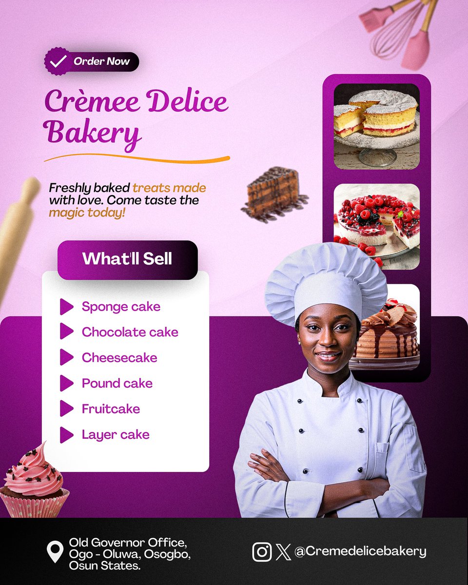 Samariumdesign's tweet image. Design that attract customers! Get a stunning cake flyer today. 

Let’s turn your ideas into a visual identity that speaks.

@AfricanAIStock

#designtalks #cakebusiness #Design #graphicdesigner #designinspiration #marketing #Flyerdesign #dilanpolat #visualdesign