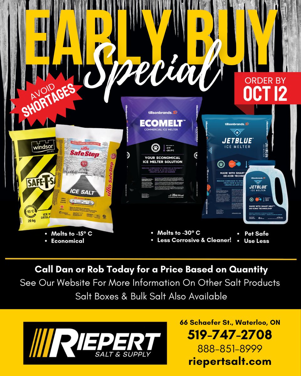 RiepertSalt's tweet image. 🚨 LAST CALL! 🚨
Early Buy Special is almost over! ⏳
👉Visit riepertsalt.com
👉Email support@riepertsalt.com
👉Call 519-747-2708 or 1-888-851-8999
#LastCall #EarlyBirdEndsSoon #LimitedTime #DontMissOut #earlybuy #winteriscoming  #waterlooregion #kitchenerwaterloo