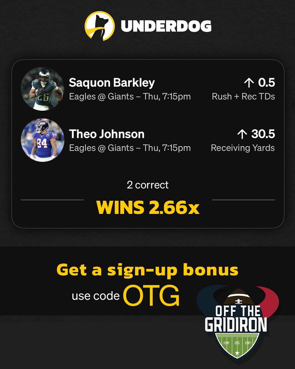 Sign up for <a href="/Underdog/">Underdog</a> Fantasy using code OTG! Play your first $5 and get up to $100 in bonus funds! Here’s our picks for tonight’s TNF game 🔥