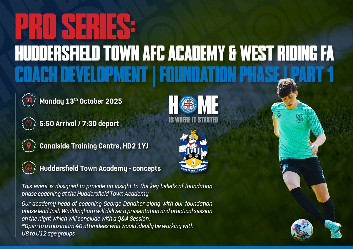 COACHES | Join us on Monday for this insight into Foundation Phase coaching at Huddersfield Town Academy! ⚽ 

Priority will be given to coaches who are currently coaching U8 - U12 age groups.

Pre-book your spot here ⬇️ 

bit.ly/46ePm0M