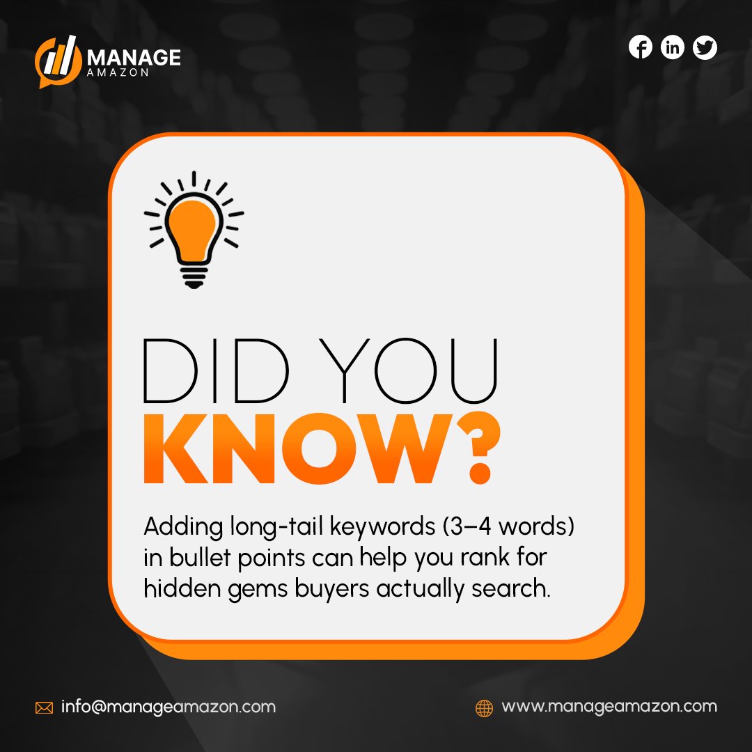 manageamazon's tweet image. Are you missing hidden keyword goldmines? Long-tail keywords (3–4 words) in bullet points boost visibility &amp;amp; capture overlooked traffic. DM us for a FREE keyword audit today! 
manageamazon.com
#AmazonFBA #EcommerceTips #ManageAmazon #Ecommerce #Amazon #success