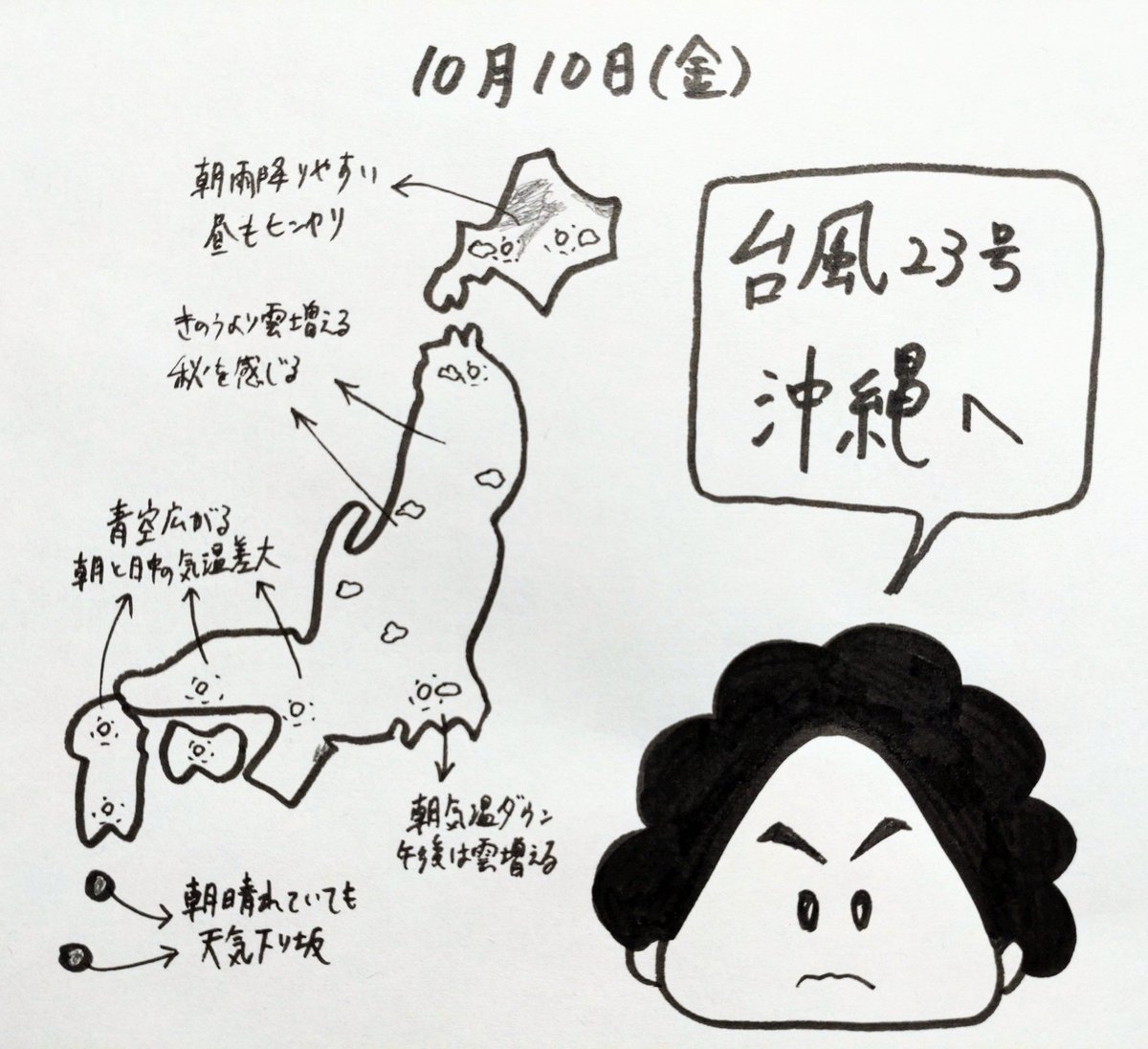 kubotenki's tweet image. 台風23号 沖縄へ
■北海道は一桁の冷え込み
■東北や東日本は雲増える
■西日本は日差したっぷり
■奄美や沖縄は天気下り坂